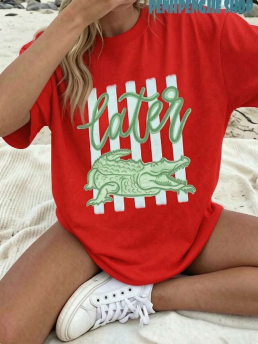 Casual Red Short Sleeve Round Neck Tee With Crocodile Graphic Print, Regular Length Fabric T-Shirt For Summer Outfits - 1 紅色 - 查看 1