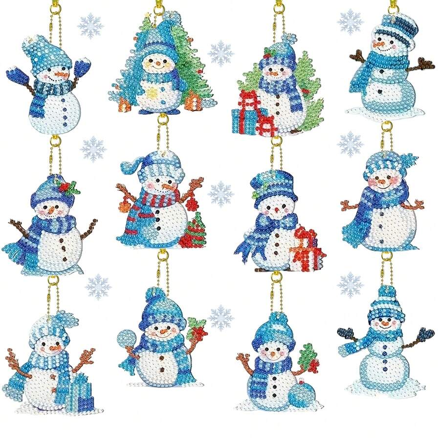 12件組聖誕鑽石藝術鑰匙圈套組,彩色雪人DIY寶石繪畫鑰匙圈,全水晶水鑽貼紙,適合聖誕手工藝用品 - 白色 - 查看 1