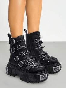 AYUSTONG Women's Thick Sole Ankle Boots, Decorated With Sequins And Rivets, Motorcycle Boots, Gothic Punk Style, With Metal Decorative Chain And Zipper - Black - View 3