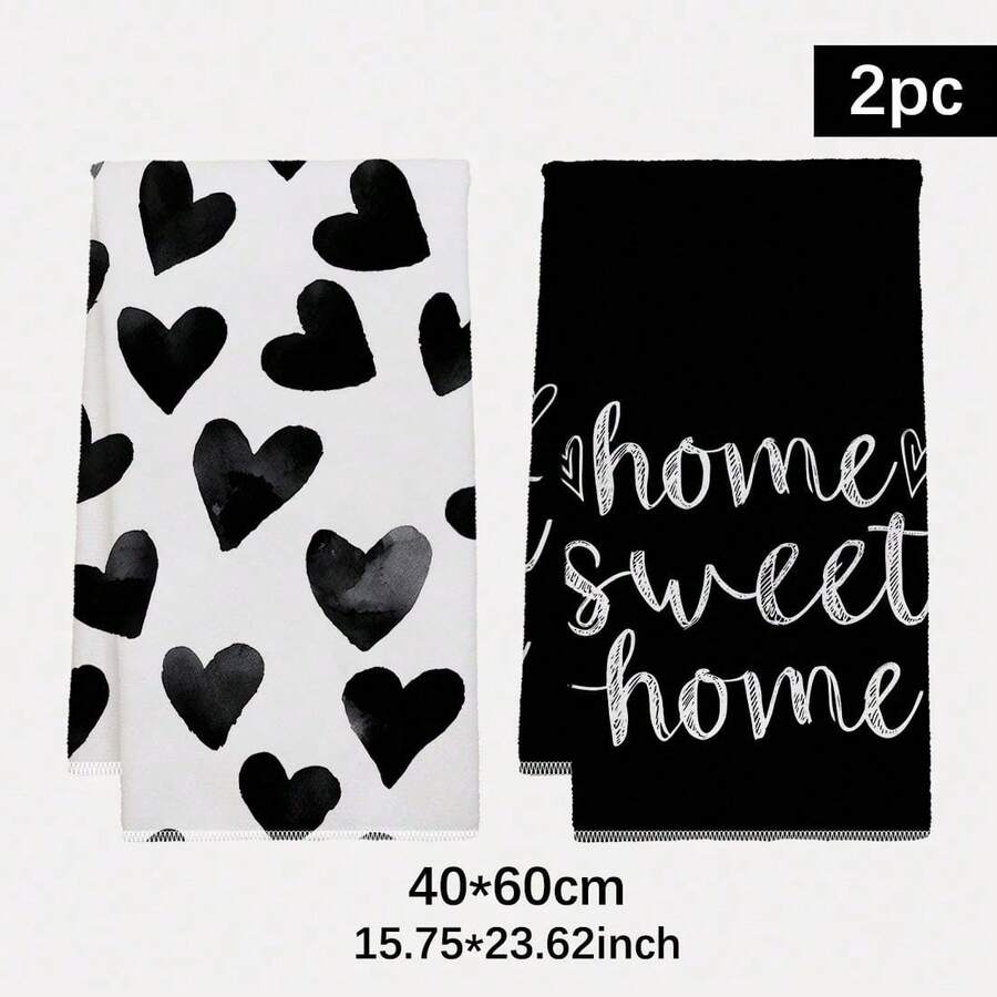 2 pièces Serviettes de cuisine avec lettres & cœurs, Chiffons de nettoyage 16 X 24 pouces, Lavables en machine & réutilisables, Convient pour la cuisine à la maison, la pâtisserie et le nettoyage de la cuisine, Accessoires de cuisine