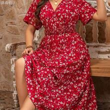 yonghongmaoyi1  CURVE Vestido casual de manga corta con cuello en V y cintura ceñida con estampado floral pequeño, adecuado para uso al aire libre, - Amarillo - Ver 2