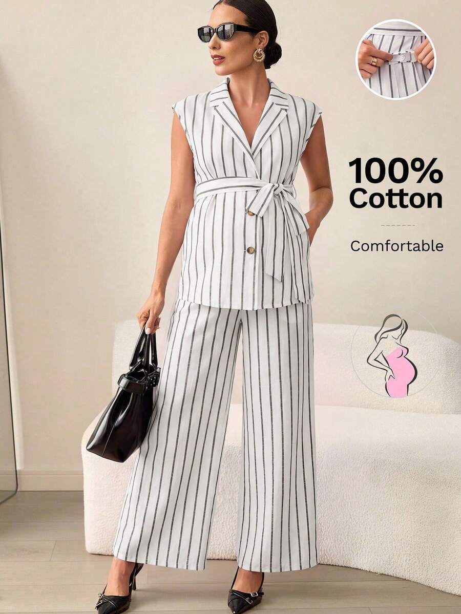 MaterniWear Conjunto casual de 2 piezas de maternidad sin mangas a rayas con cuello, versátil para el verano - Blanco - Ver 1