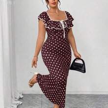 yonghongmaoyi1  Vestido maxi ajustado elegante de lunares para mujer de talla grande, con mangas con volantes, cuello cuadrado, cómodo y elástico, - Burdeos - Ver 1