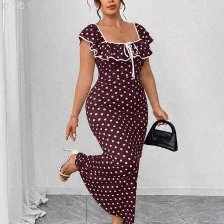 yonghongmaoyi1 Vestido maxi ajustado elegante de lunares para mujer de talla grande, con mangas con volantes, cuello cuadrado, cómodo y elástico, - Burdeos - Ver 1