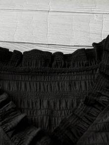 Camisa de manga corta con volantes y cuello en V de color sólido - Negro - Ver 4