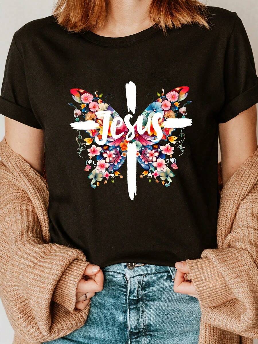 Women's Printed T-Shirt, Lightweight, Breathable, Comfortable, And Versatile. 100% Cotton, Cool And Airy, Machine Washable. Stylish Summer Wear With A Modern, Urban Feel. - 黑色 - 查看 1