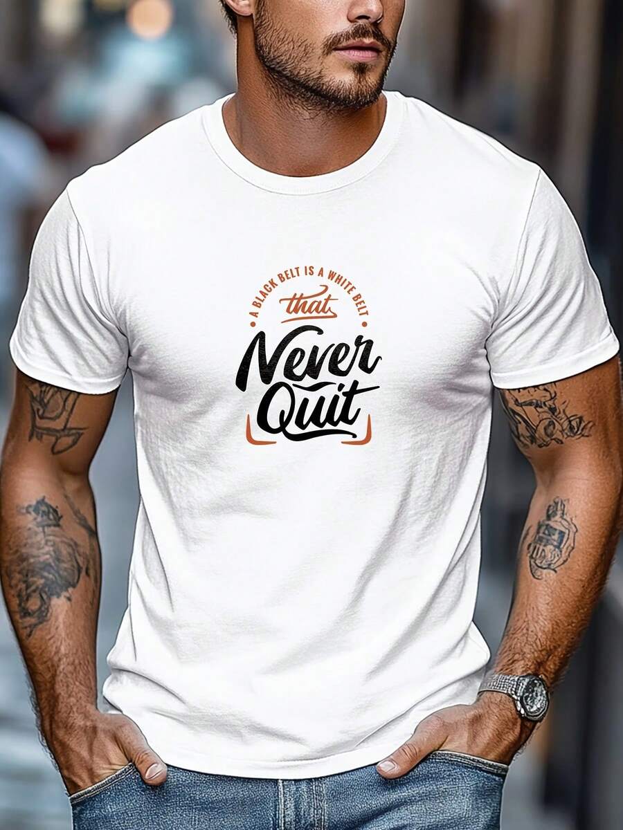 Camiseta de manga corta con cuello redondo y estampado Never Give Up para hombre, estilo casual de verano - Blanco - Ver 1