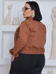 Women's Plus Size Cropped Denim Jacket With Covered Button Hem, Twill Fabric, Sizes G1 To G4 - 鏽棕色 - 查看 2