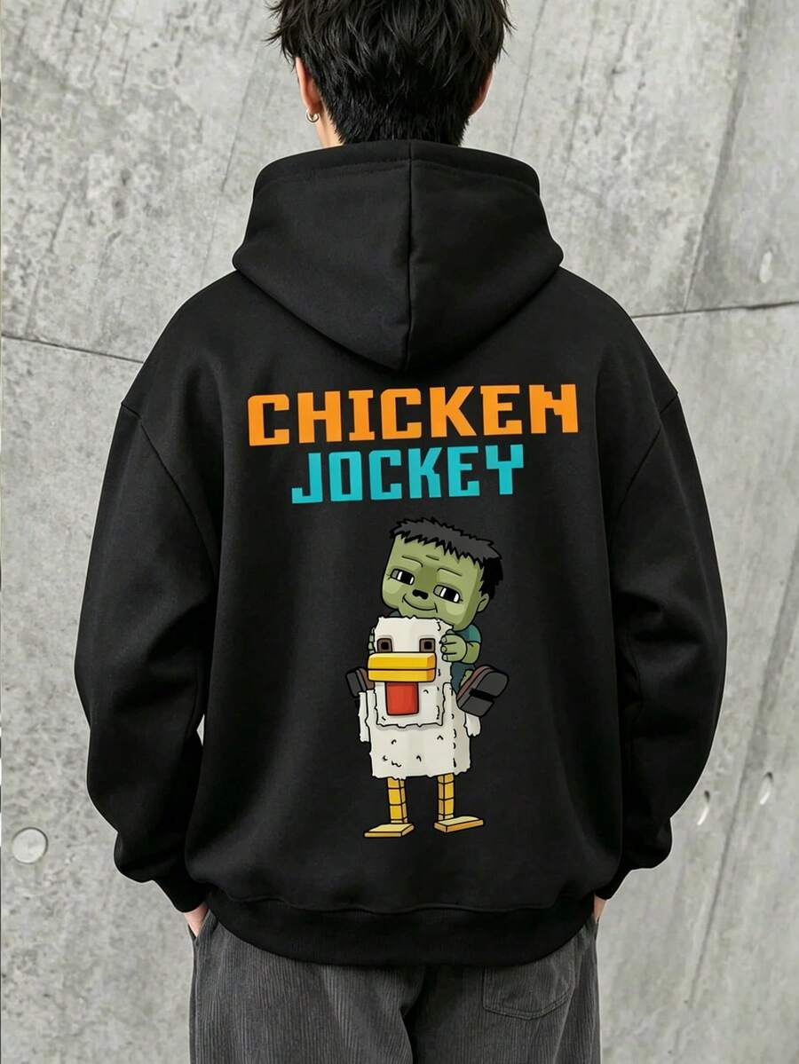 Young Boy Cartoon Pattern Warm Sweatshirt - Black - View 1