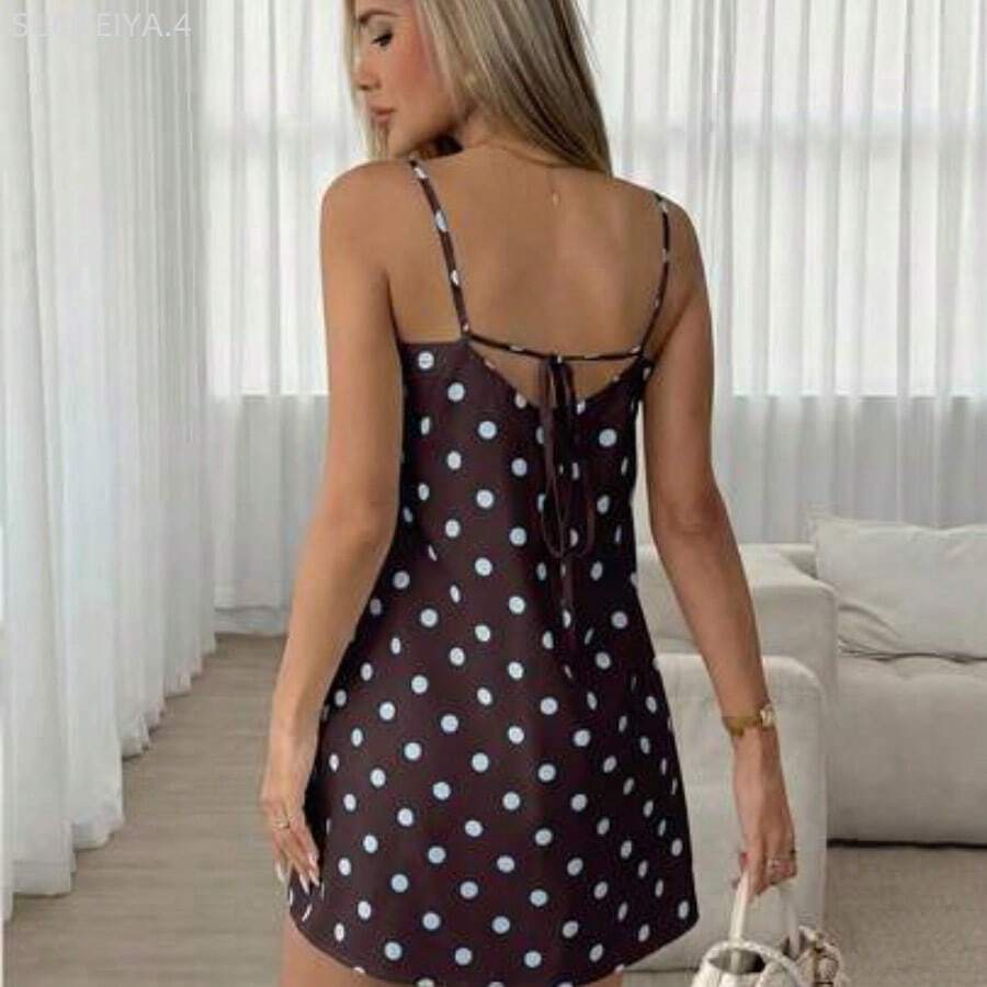 Fengyu Women's Clothing Store Vestido corto de verano para mujer con tirantes finos, sin mangas, con lunares y cintura con lazo - Marrón - Ver 1