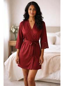 Robe Feminino Renda Na Manga Luxo Roupão Sexy Marsala - Marsala - Visão 1