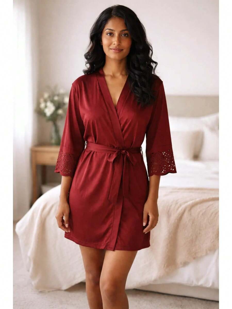 Robe Feminino Renda Na Manga Luxo Roupão Sexy Marsala - Marsala - Visão 1