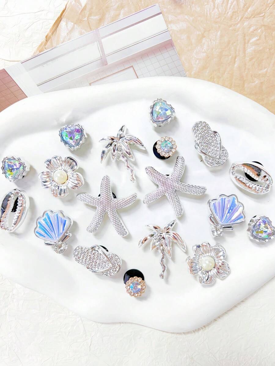 20件金色海洋系列鞋飾（海星、棕櫚樹、貝殼、海螺、愛心），適用於穿孔拖鞋DIY裝飾配件，生日派對與節日禮物首選