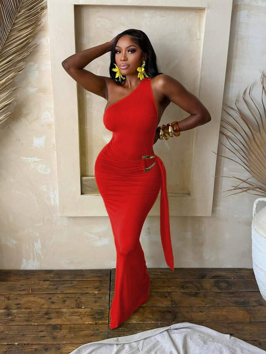 Very Popular Monochrome Party Dress With Asymmetrical Shoulder And Fitted Design. - Red - View 1