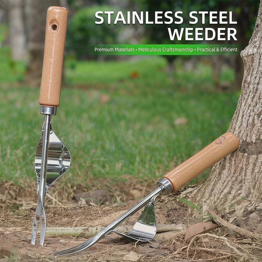 1pc Stainless Steel Weeding Fork With Wooden Handle, Gardening Hand Tool, Lawn Weeder, Outdoor Yard Root Remover - Shovel - View 1
