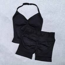 Conjunto de Yoga de 2 piezas para mujer, camiseta sin mangas con tiras ajustables sin costuras, pantalones cortos deportivos, ropa de gimnasio, trajes de entrenamiento de verano para mujer - Conjunto azul marino - Ver 4