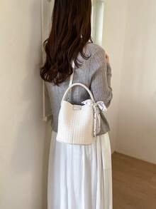 Women's Bucket Handbag, Fashionable Versatile Elegant Solid Color Striped White Bag With Scarf, Suitable For Shopping And Commuting, Includes Small Pouch - White - View 4