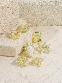 7PCS Summer Vacation Style Rings, Gold Starfish Shell Sun Shaped Rings, Fashionable Versatile Faux Pearl Layered Ring Set For Women - Gold - View 3