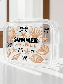 1個「Summer」字母印花PVC防水海灘包，附貝殼與海星裝飾，PVC化妝包，PVC拉鍊旅行收納包，輕量耐褪色化妝盥洗包，適合男女使用，TSA認證便攜式化妝盒，易清潔設計，適合母親、教師、朋友、護士化妝包，學校、度假、返校用品盥洗包，母親節禮物，旅行必備，夏季必備 - 彩色 - 查看 3