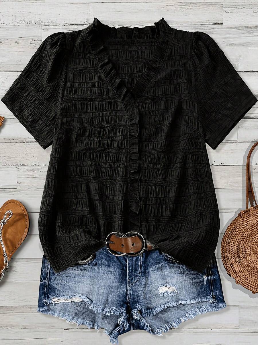 Camisa de manga corta con volantes y cuello en V de color sólido - Negro - Ver 1