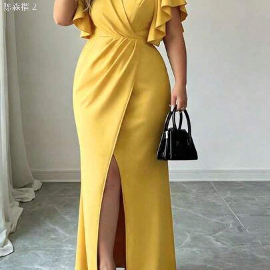 xuehuamaoyi02 Vestido largo de mujer talla grande de cuello en V verde profundo, vestido de noche elegante con mangas cortas con volantes, cintura cruzada y abertura alta, - Amarillo - Ver 1
