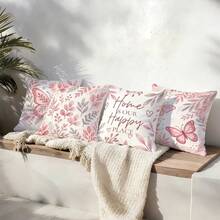 MEMNUN 4pcs Peach Grey Bohemian Butterfly Floral Heart Text Print Pattern Throw Pillow Covers [Pillow Insert Not Included] 45*45cm/50*50cm/40*40cm [Single-Sided Print] "Home Is Our Happy Place" Warm Slogan Pink Romantic Floral Cushion Covers Room Decor, Home Decor, Bedroom Decor, Room Decoration Stuff For Sofa, Bed, Living Room, Bedroom, Car, Office, Hotel Decoration Throw Pillow Covers All Seasons Suitable Perfect Gift For Family And Friends - Multicolor - View 11