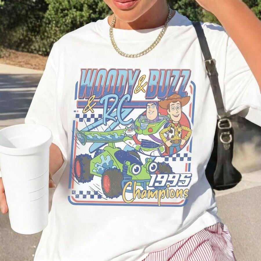Unisex Disney Baumwoll-T-Shirt With "Toy Story" Retro Print, Woody, Buzz & RC With "1995 Champions" Schriftzug Im 90er-Jahre-Stil - 白色 - 查看 1