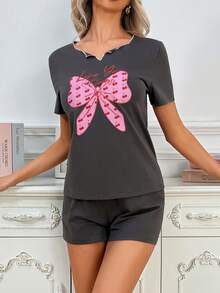 Pyjama décontracté d'été pour femme 2 pièces, pull à manches courtes avec nœud, imprimé cerise, couleurs contrastées, style loungewear - Noir - Voir 3