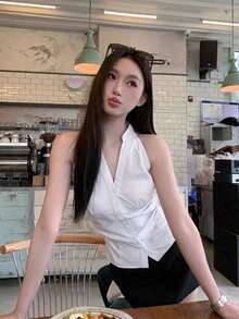 法式風格收腰條紋無袖女款夏季修身短版掛脖上衣 白色 - 白色 - 查看 2
