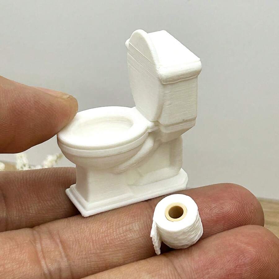 1pc Toilet Model + 1pc Toilet Paper Roll Model, Realistic Plastic Model Decor, Perfect For Decorating Your Model House Bathroom - 1 Toilet + 1 Roll Of Toilet Paper - View 1