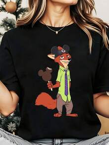 Disney Nick Wilde Fox Character With Mickey Mouse Ears And Icon, Women's Round Neck Shirt, Summer Tops Comfortable Casual Women Clothes - 黑色 - 查看 1