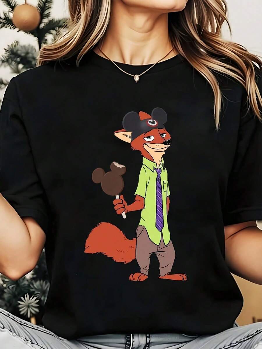 Disney Nick Wilde Fox Character With Mickey Mouse Ears And Icon, Women's Round Neck Shirt, Summer Tops Comfortable Casual Women Clothes - 黑色 - 查看 1