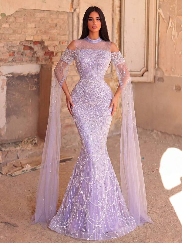 Luxury Beaded Mermaid Gown, Sheer Off-Shoulder, Floating Tulle Sleeves, Perfect For Red-Carpet Events, Wedding Receptions, Award Ceremonies