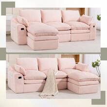 L Shaped Compressed Modular Sectional Sofa Modern Corduroy Upholstered Boneless Couches With Movable Footstool With Three Pillows And Two Lumbar Pillows Detachable Cloud Seat Cushions - Pink + Corduroy + 3 Seat1 - View 3