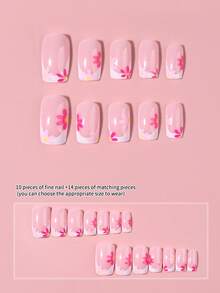 24pcs Short Square White French Press-On Fake Nails With Floral Pattern, Acrylic Artificial Nails Set, Includes 1pc Jelly Glue And 1pc Nail File, Summer Nails - Multicolor - View 3