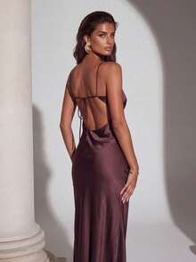 Elegant Sleeveless Deep V-Neck Long Bridesmaid Dress, Backless Zipper Design, Woven Fabric With Slight Stretch Wedding Spring - Brown Purple - View 2