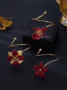 1pc/3pcs Luxury High-End Red Drip Flower Bangle Bracelet, Vintage Elegant Elegant Open Cuff Design, Niche Style, Versatile Commuter Jewelry For Women - Burgundy - View 3