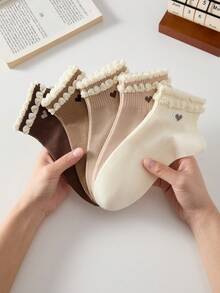 5 Pairs White Heart Pattern Ruffle Short Socks, Breathable And Fashionable, Suitable For All Seasons, Perfect For Sports And Casual Wear - Multicolor - View 7