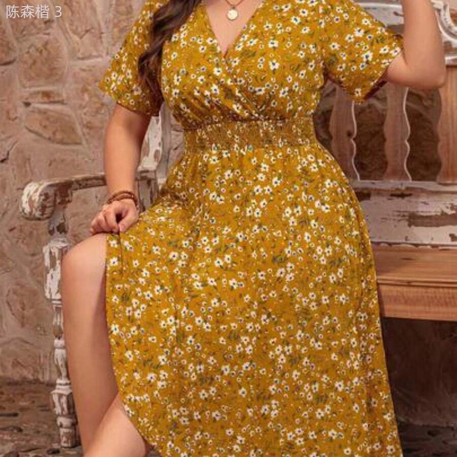 yonghongmaoyi1 CURVE Vestido casual de manga corta con cuello en V y cintura ceñida con estampado floral pequeño, adecuado para uso al aire libre, - Amarillo - Ver 1