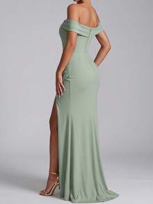 Women's Summer Ruched Asymmetric Slit Long Fitted Off-Shoulder Dress, Elegant Green Nightclub Evening Cocktail Party Dress - Green - View 8
