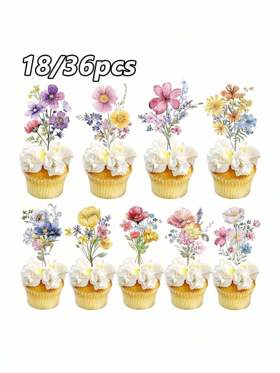 18/36件野花主題生日派對裝飾 - 野花主題嬰兒派對裝飾、花卉紙杯蛋糕裝飾、花卉蛋糕裝飾、花園主題婚禮新娘派對用品，精緻優雅