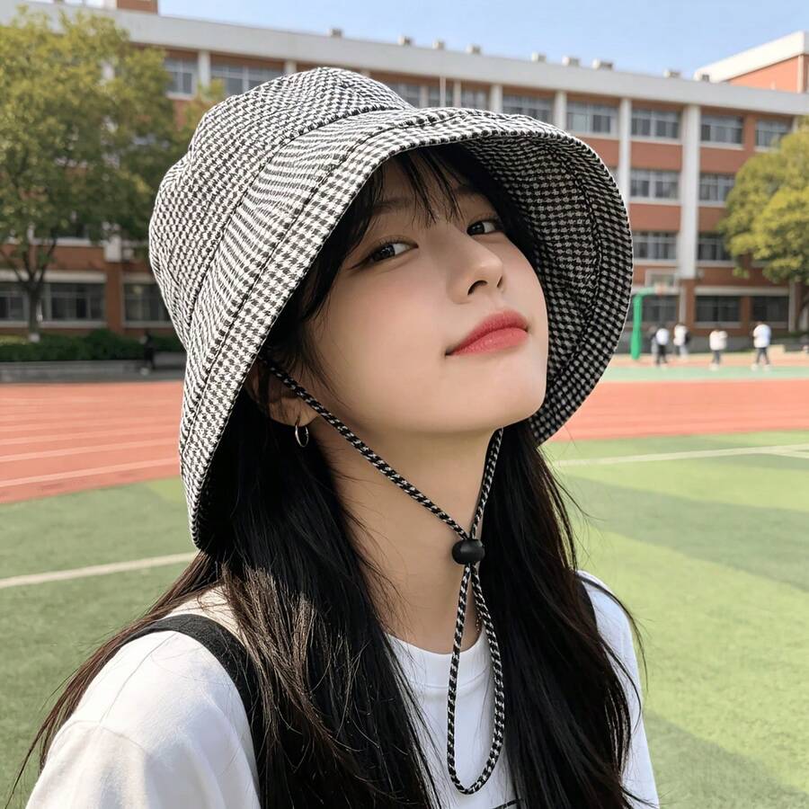 Women's Black And White Plaid Bucket Hat, Fashionable Spring Sun Hat, Lightweight Foldable And Portable, With Adjustable Chin Strap, Secure Fit, Suitable For Spring And Summer Outdoor Walks, Travel And Sporting Events.