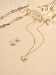 1 pieza Collar colgante elegante y exquisito de mujer con estrella de mar de acero inoxidable con circonita cúbica y strass completo, 1 pieza de pendientes de botón elegantes y exquisitos de mujer con estrella de mar de acero inoxidable con circonita cúbica y strass completo, adecuado para uso diario de mujer, vacaciones en la playa, playa de verano, reuniones, fiestas, regalos, regalo de cumpleaños para amigos, joyería de oro, disponible todo el año - Amarillo Oro - Ver 5