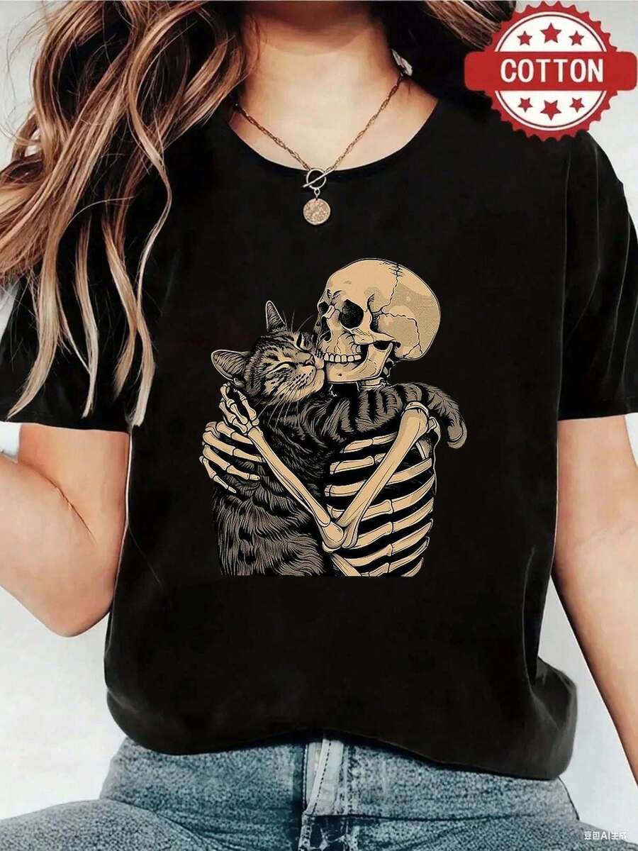 Women's Short-Sleeved T-Shirt, Women's Blouses, Women's Tops, Women's Cotton T-Shirts, Casual Blouses For Ladies With Skull And Cat, Black Blouses. - 黑色 - 查看 1