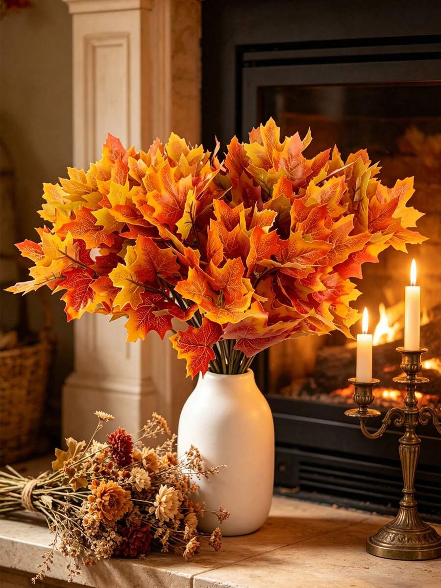 14 Stems - 2pcs Artificial Maple Leaves, Autumn Artificial Leaf Decor, Thanksgiving Plastic Autumn Leaves, Indoor/Outdoor Kitchen Holiday Autumn Leaf Centerpiece Decor, Halloween, Thanksgiving, Harvest Festival - Multicolor - View 1