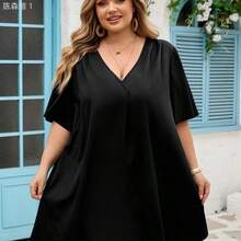 jianchaimaoyi02  CURVE+ Nuevo vestido camisero elegante y casual/informal para mujer, de manga corta y gasa, con cuello en V, manga holgada con volantes, vestido midi, - Naranja - Ver 8
