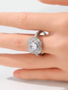 Gmzalx Aesthetic Design Sparkling Synthetic Zirconia Women's Promise Ring Elegant Luxury Wedding Engagement Exquisite Jewelry Accessory - Silver - View 5