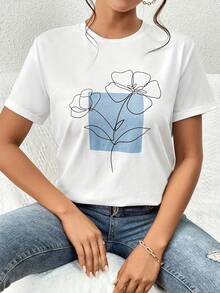 Camiseta de manga corta con estampado floral y cuello redondo - Blanco - Ver 1