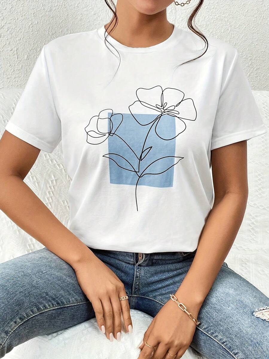 Camiseta de manga corta con estampado floral y cuello redondo - Blanco - Ver 1
