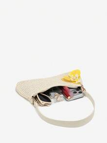 1 pieza Bolso de hombro tipo baguette para mujer, estilo vintage de vacaciones, con colgante tejido de cola de piel sintética, perlas falsas, flores de cerezo y cuentas de vida marina, adecuado para citas, salidas y vacaciones - Albaricoque - Ver 6